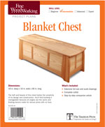 Peter Turner's blanket chest combines angled joinery with straight forward construction. The legs of the frame and panel chest serve as end pieces for the front, back, and end frames. Battens help keep the one-piece top flat. All thicknesses are beefy for heft, with double floating tenons for strength. To emphasize the length of the chest, the grain of the panels runs horizontally. To keep the construction manageable, all angles are the same, off from square by 3 degrees. Floating tenons make for secure angled joints with little fuss. 