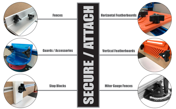 1/4 inch x 20 tpi T-Track / T-Slot Through-Hole Knobs Bolts and Washers