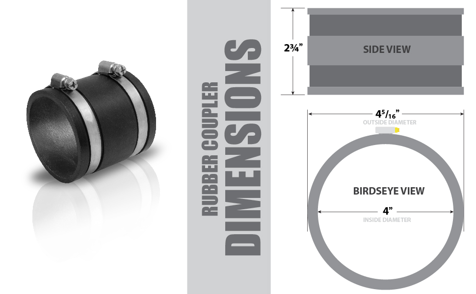 4 inch to 2-1/2 inch Reducer with 4 inch Flexible Cuff Rubber Coupler Fitting and Stainless Steel Hose Clamps for Dust Collection