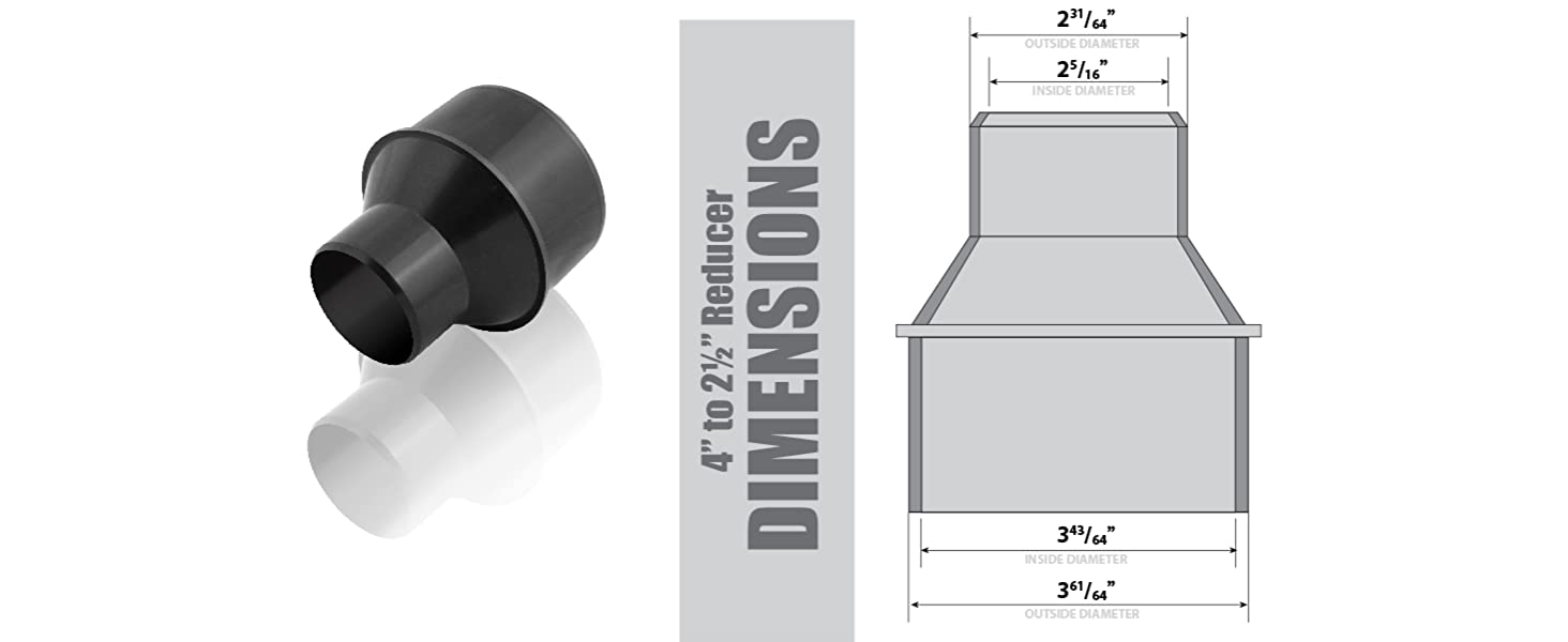 4 inch to 2-1/2 inch Reducer with 4 inch Flexible Cuff Rubber Coupler Fitting and Stainless Steel Hose Clamps for Dust Collection