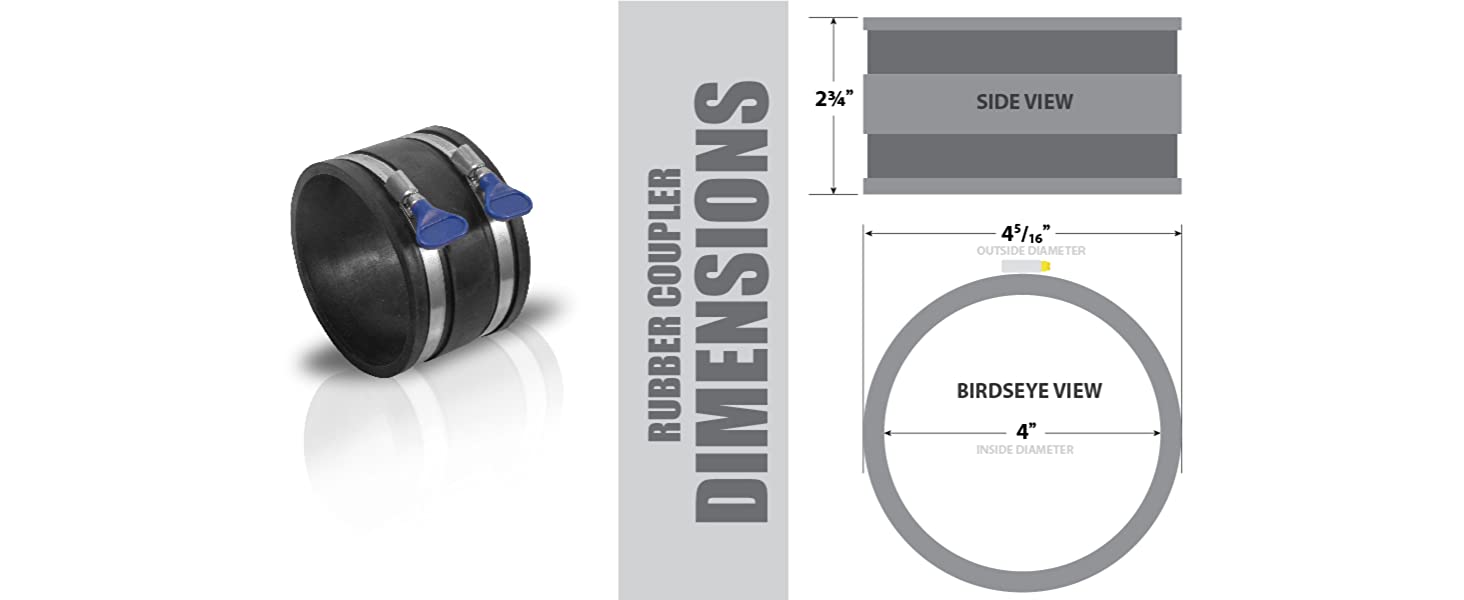 4 inch to 2-1/2 inch Reducer with 4 inch Flexible Cuff Rubber Coupler Fitting and Stainless Steel Hose Clamps for Dust Collection