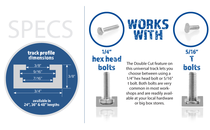 Double Cut Universal Track Works with 1/4" Hex Head Bolts and 5/16 T Bolts